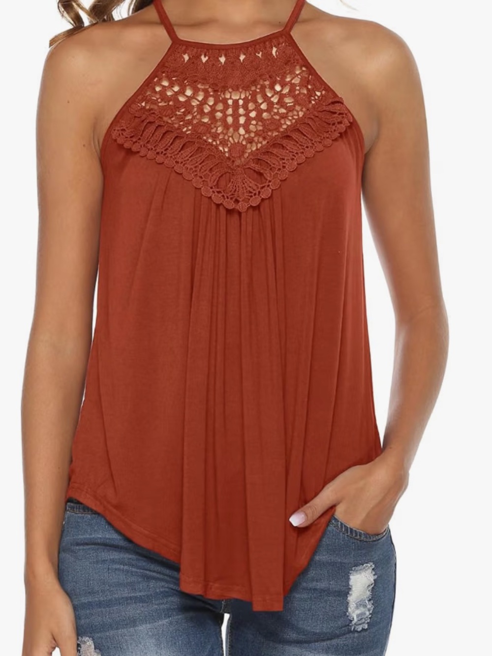 Crochet Yoke Halter Tank Top - Rust